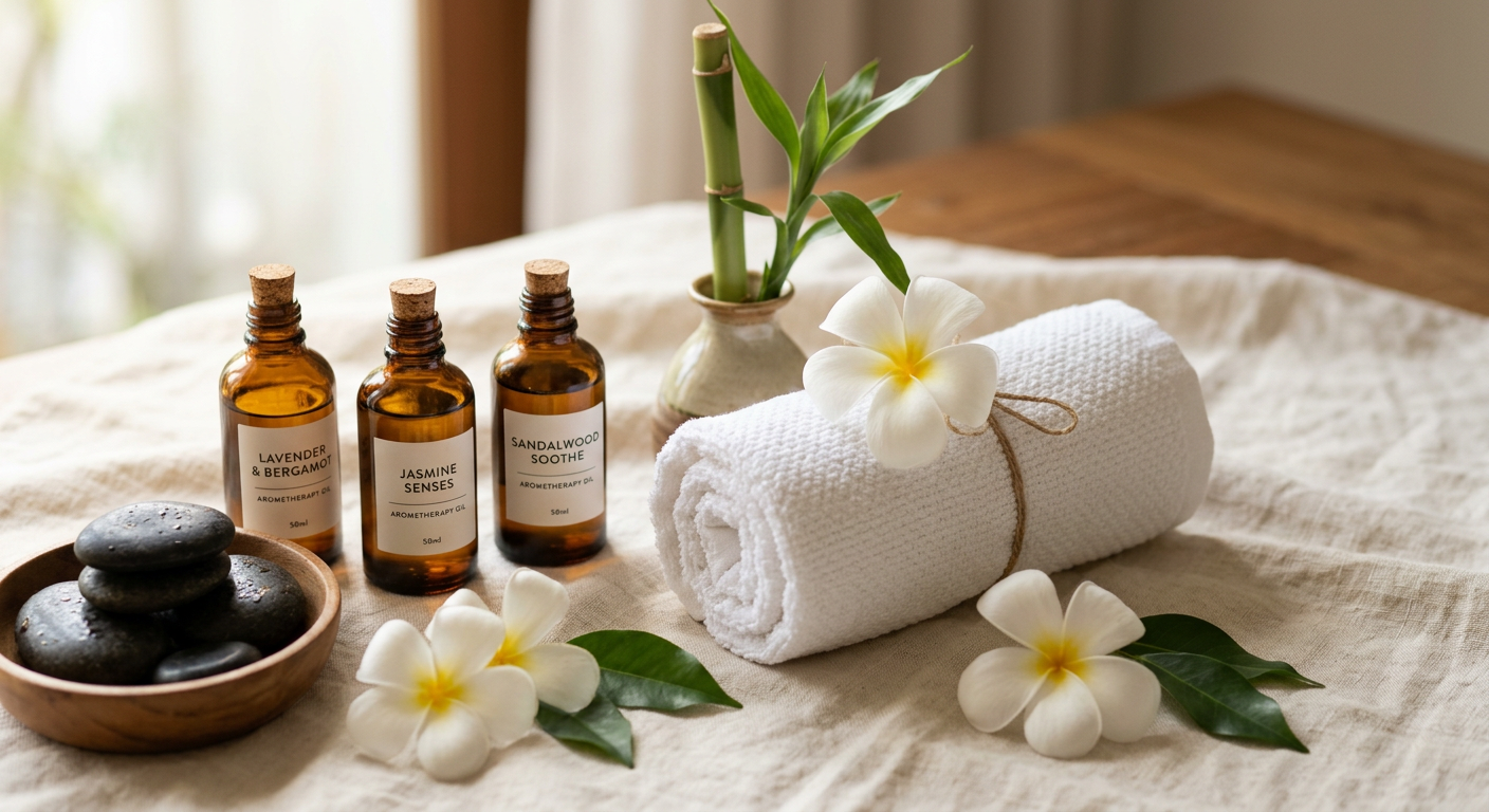 Warm massage stones, aromatic oils and orchids arranged on fresh linen